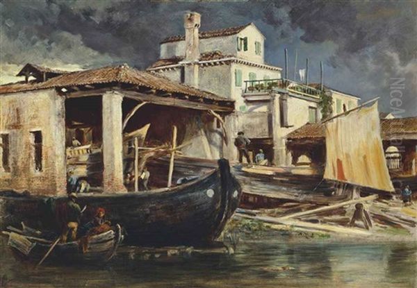 Boat Yard, Venice Oil Painting by Keeley Halswelle