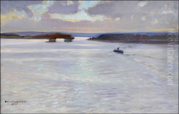 Maisema Vesijarvelta Oil Painting by Vaeinoe Haemaelaeinen