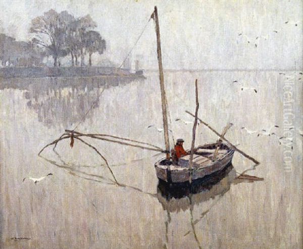 Harbor Scene Of A Man Sitting In A Small Sailboat Beneath Swooping Seagulls Oil Painting by Wilhelm Hambuechen