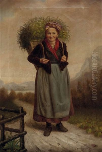 Bauerin Mit Buckelkorb In Einer Seelandschaft Oil Painting by Julius Hamburger