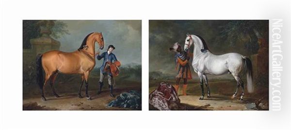 A Bay Stallion Held By A Groom In A Landscape; An Arab Stallion Held By A Groom In Oriental Costume, In A Landscape (pair) Oil Painting by Johann Georg de Hamilton