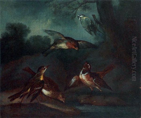 Songbirds Drinking From A Pool In A Landscape Oil Painting by Philipp Ferdinand de Hamilton