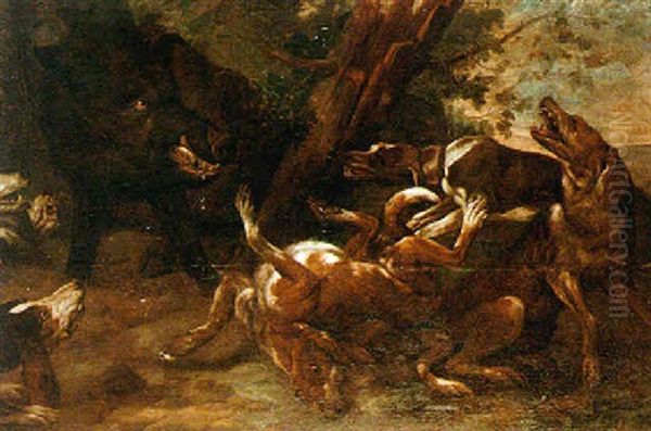 Hounds Attacking A Wild Boar Oil Painting by Philipp Ferdinand de Hamilton