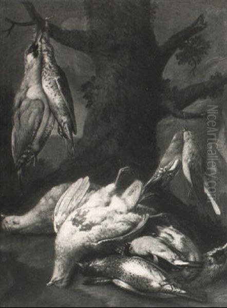 A Still Life Of Game And Songbirds At The Foot Of A Tree Oil Painting by Philipp Ferdinand de Hamilton