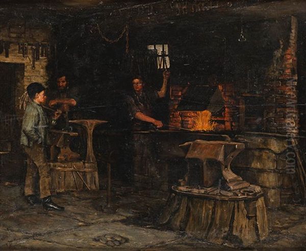 Meister Und Lehrling In Der Schmiede Oil Painting by Erik Hammer