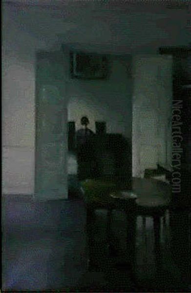 An Interior With A Woman Playing The Piano Oil Painting by Vilhelm Hammershoi