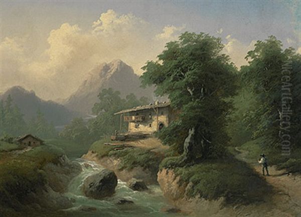 Sommertag In Den Alpen Mit Wildbach, Gehoft Und Aufragendem Massiv Oil Painting by Guido Hampe
