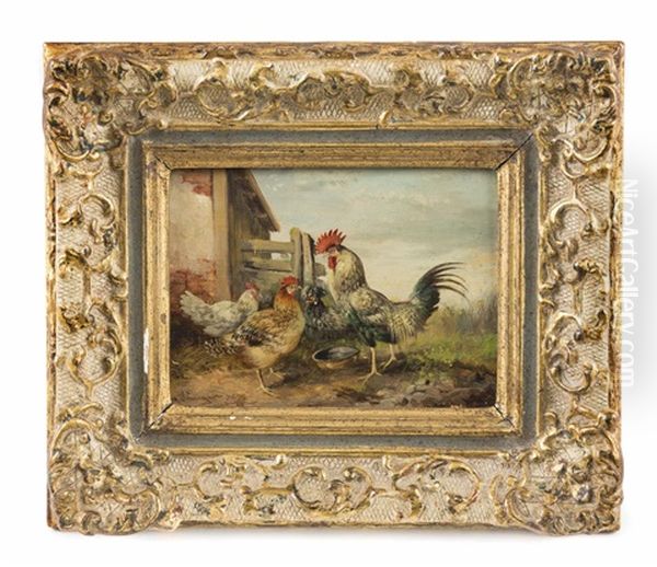 Hahn Mit Huhnern Im Hinterhof Oil Painting by Max Josef Haenger Sr.
