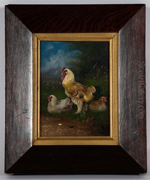 Trio Of Chickens Oil Painting by Max Josef Haenger Sr.