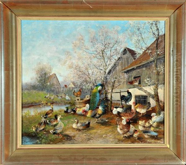 Am Huhnerhof Im Fruhling Oil Painting by Max Josef Haenger Sr.