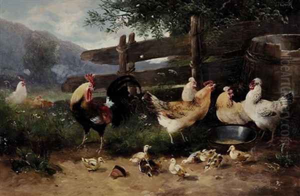 Huhnerhof Oil Painting by Max Josef Haenger Sr.