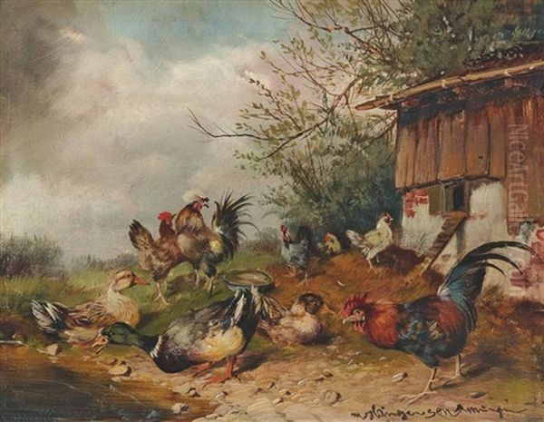 Huhnerhof Oil Painting by Max Josef Haenger Sr.