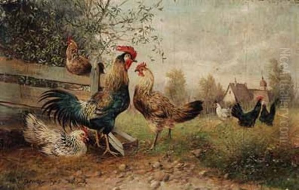 Huhnerhof Oil Painting by Max Josef Haenger Sr.