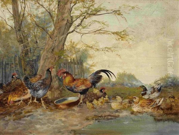 Huhner Und Enten Am Teich - Geflugelhof Mit Pfau (2 Works) Oil Painting by Max Josef Haenger Sr.