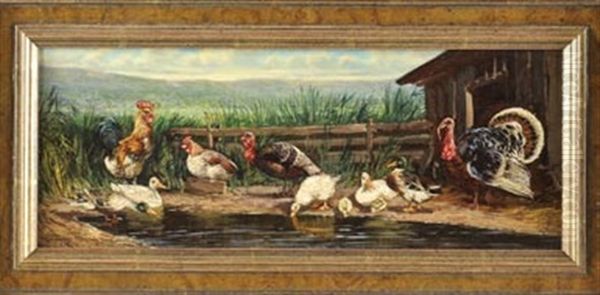Huhner Und Enten Am Teich Oil Painting by Max Josef Haenger Sr.