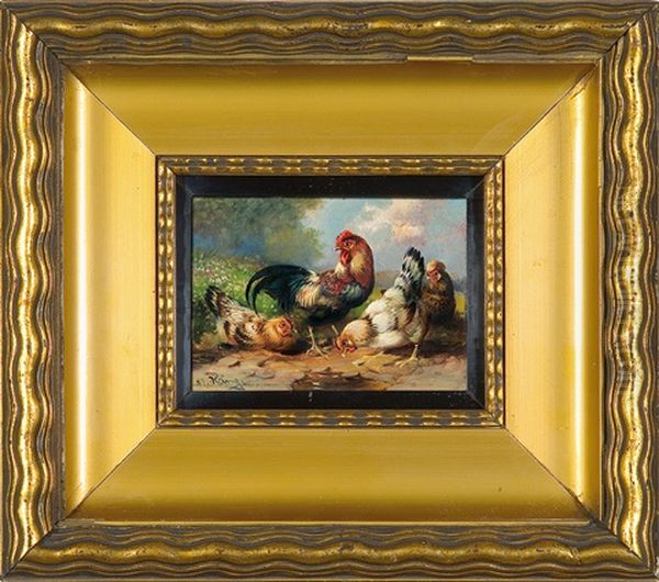 On The Yard (cock And Hens) Oil Painting by Max Josef Haenger Sr.