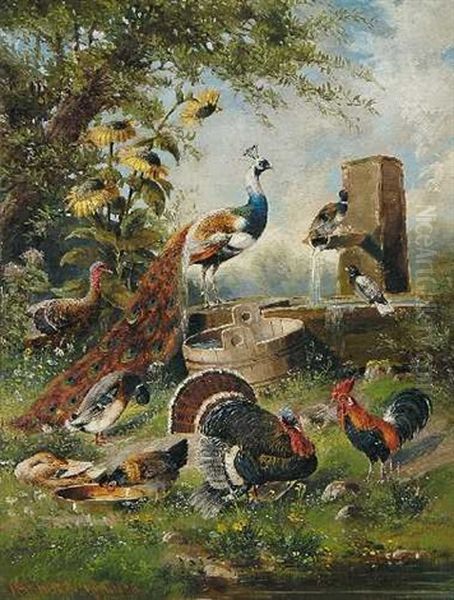 Federvieh Am Brunnen Oil Painting by Max Josef Haenger Sr.