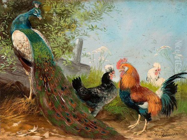 Federvieh Am Gatter Oil Painting by Max Josef Haenger Sr.