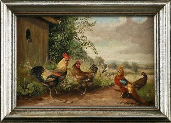 Huhnerhofmotive (2 Works) Oil Painting by Max Josef Haenger Sr.