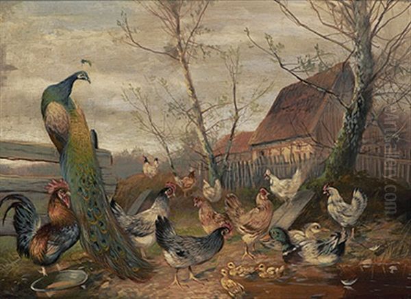 Fruhlingstag Im Huhnerhof Oil Painting by Max Josef Haenger Sr.