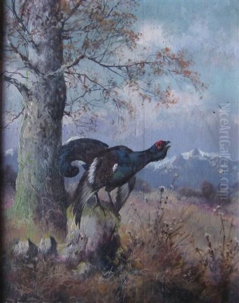 Birkhahn Auf Lichtung Vor Gebirgshorizont Oil Painting by Max Josef Haenger Sr.