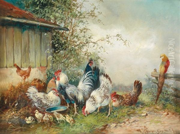 Huhner Und Ein Pfau Oil Painting by Max Josef Haenger Sr.