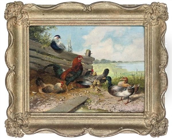 Cocks And Chicks Oil Painting by Max Josef Haenger Sr.