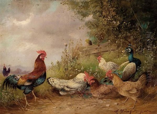 Der Stolze Hahn Mit Seinen Hennen Oil Painting by Max Josef Haenger Sr.