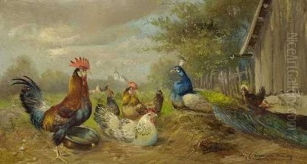 Huhnerhof Mit Pfau Oil Painting by Max Josef Haenger Sr.