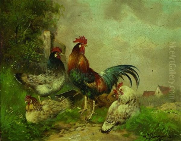 Huhnerhof Oil Painting by Max Josef Haenger Sr.