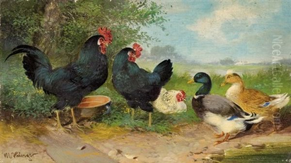 Ducks And Hen Oil Painting by Max Josef Haenger Sr.