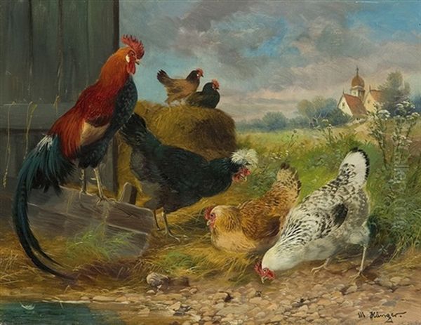 Courtyard - Rooster And Hens Oil Painting by Max Josef Haenger Sr.