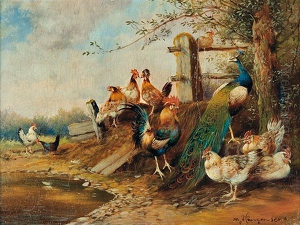 Courtyard - Hens And Peacock Oil Painting by Max Josef Haenger Sr.