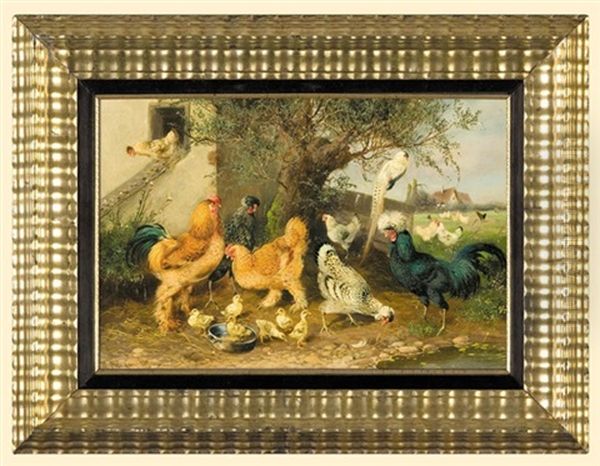 Domestic Fowl Oil Painting by Max Josef Haenger Sr.