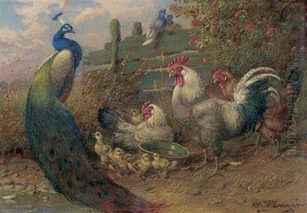 Huhnerhof Mit Einem Pfau Oil Painting by Max Josef Haenger Sr.