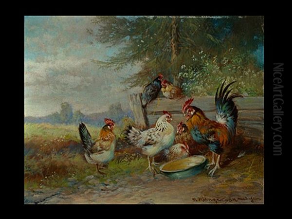 Huhner Vor Der Leeren Futterschussel Oil Painting by Max Josef Haenger Sr.
