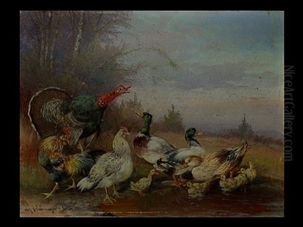 Federvieh Am Waldrand Oil Painting by Max Josef Haenger Sr.