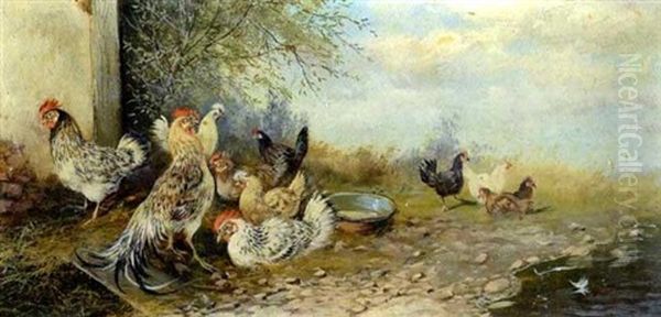 Hahn Mit Neun Huhnern Am Tumpel Oil Painting by Max Josef Haenger Sr.