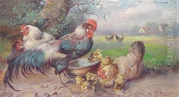 Hahn Und Henne Mit Kuken Am Wassertrog Oil Painting by Max Josef Haenger Sr.
