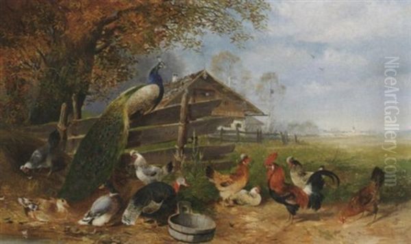 Federvieh Mit Pfau Am Ufer Eines Tumpels. Im Hintergrund Ein Chalet In Wiesenlandschaft Oil Painting by Max Josef Haenger Sr.