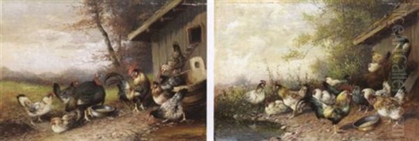 Huhnerhofszene Oil Painting by Max Josef Haenger Sr.