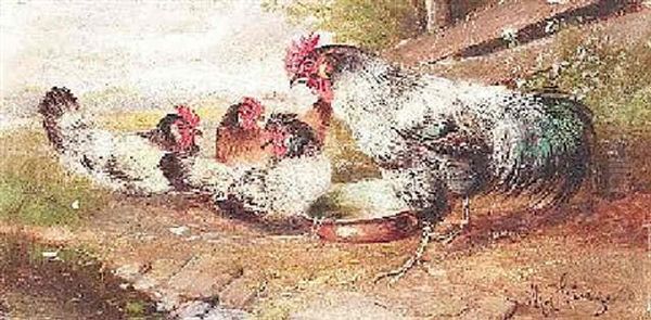 Hahn Und Hennen Am Futtertrog Oil Painting by Max Josef Haenger Sr.