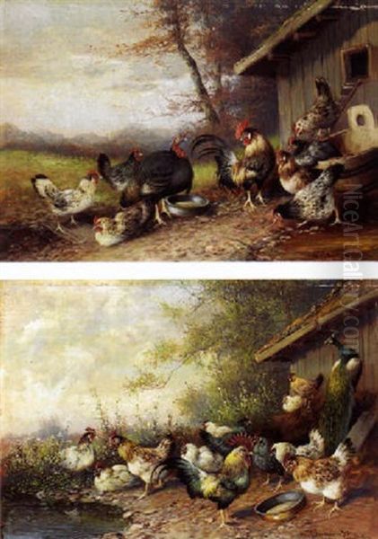 Huhnerhofszene Oil Painting by Max Josef Haenger Sr.