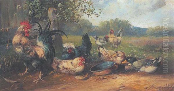 Hahn, Huhner Und Enten Oil Painting by Max Josef Haenger Sr.