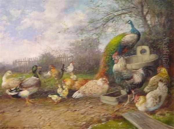 Federvieh Am Futtertrog Oil Painting by Max Josef Haenger Sr.