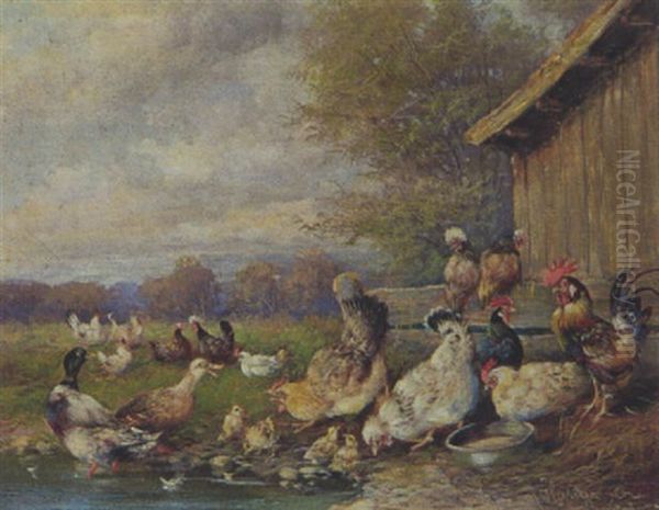 Huhnerhof Oil Painting by Max Josef Haenger Sr.