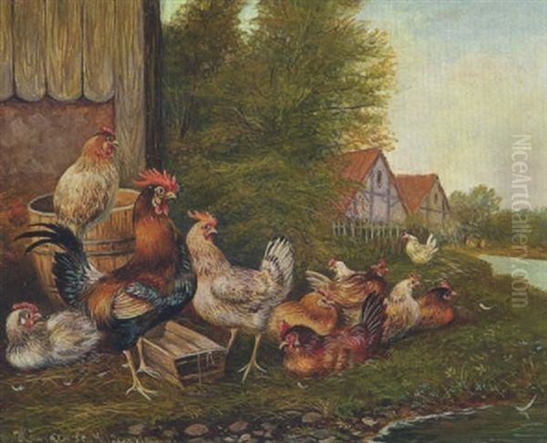 Hahn Und Huhner Vor Dem Stall Oil Painting by Max Josef Haenger Sr.