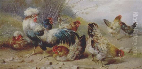 Cockered And Hens Oil Painting by Max Josef Haenger Sr.