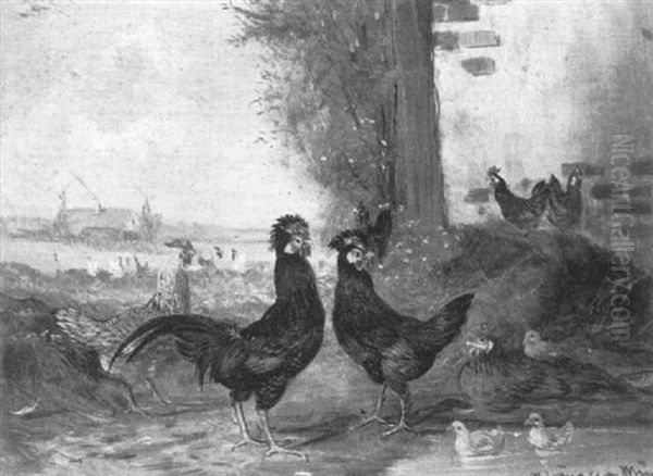 Huhnerhof Oil Painting by Max Josef Haenger Sr.