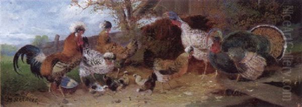Hahn, Huhner, Kuken Und Truthahnpaar Vor Einem Stallgebaude Oil Painting by Max Josef Haenger Sr.